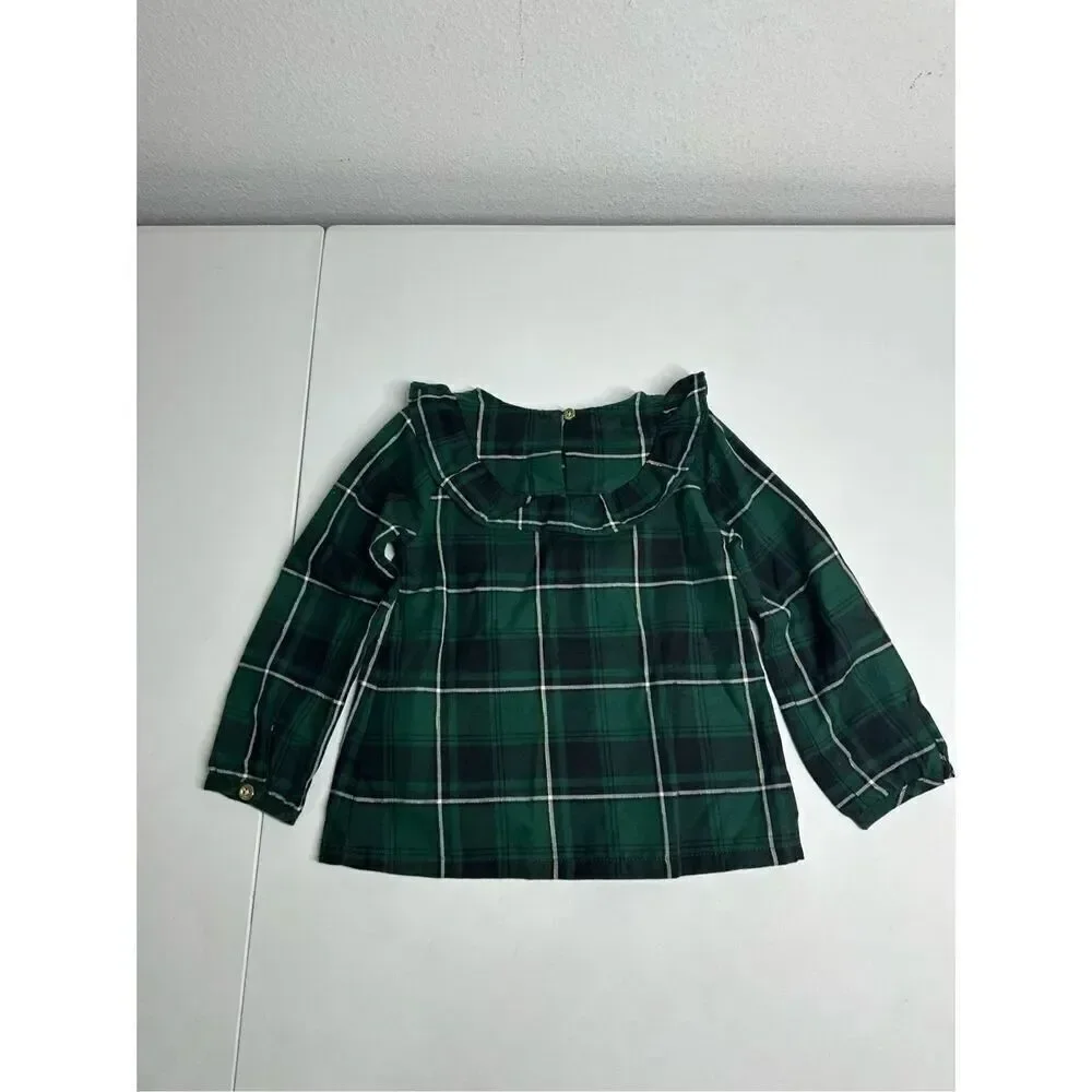 Carters Toddler Girl’s Black Green Watch Plaid Blouse Ruffle Trim Size 3T